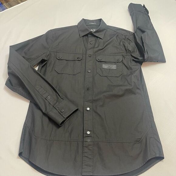 Armani Exchange Slim Fit Waxed Cotton Black Snap Button Long Sleeve Shirt Small - Picture 5 of 10